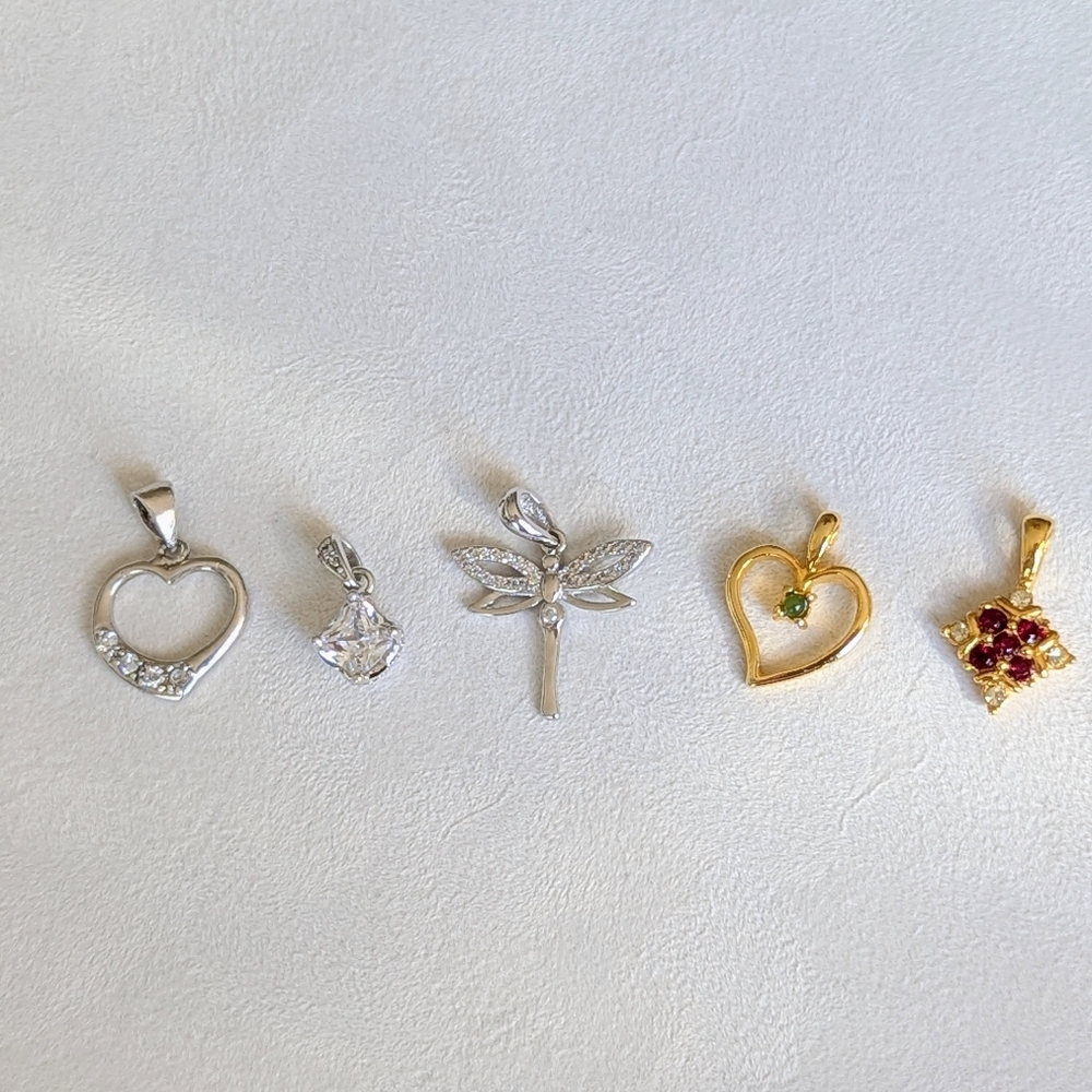 925 Sterling Silver Dragonfly Jade Heart Charm Lot: 5 Dainty Necklace Pendants